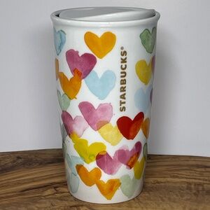 2015 Starbucks Watercolor Hearts Ceramic Travel Tumbler 10 oz Mug Cup with Lid